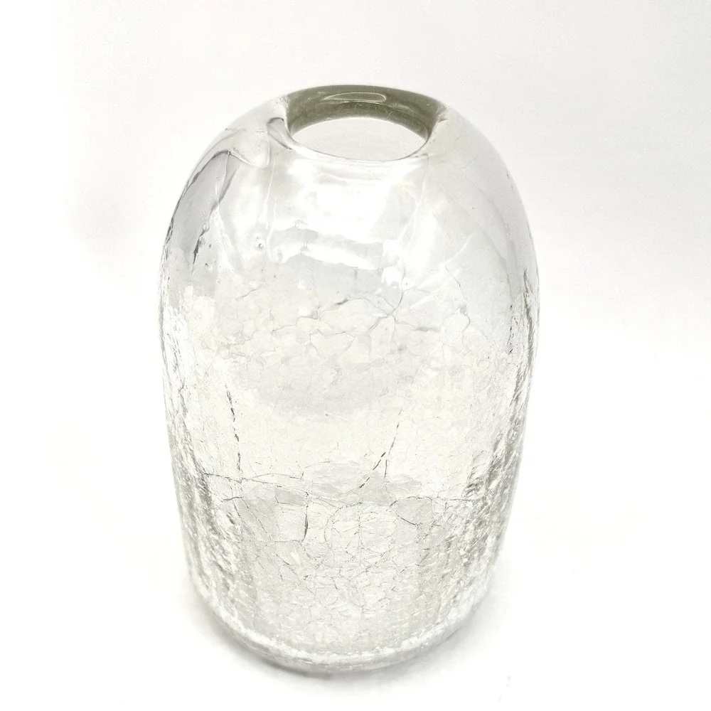 Vint. Hand‎ Blown Crackle Glass Vase Clear Textured Cylindrical Signed Art Glass